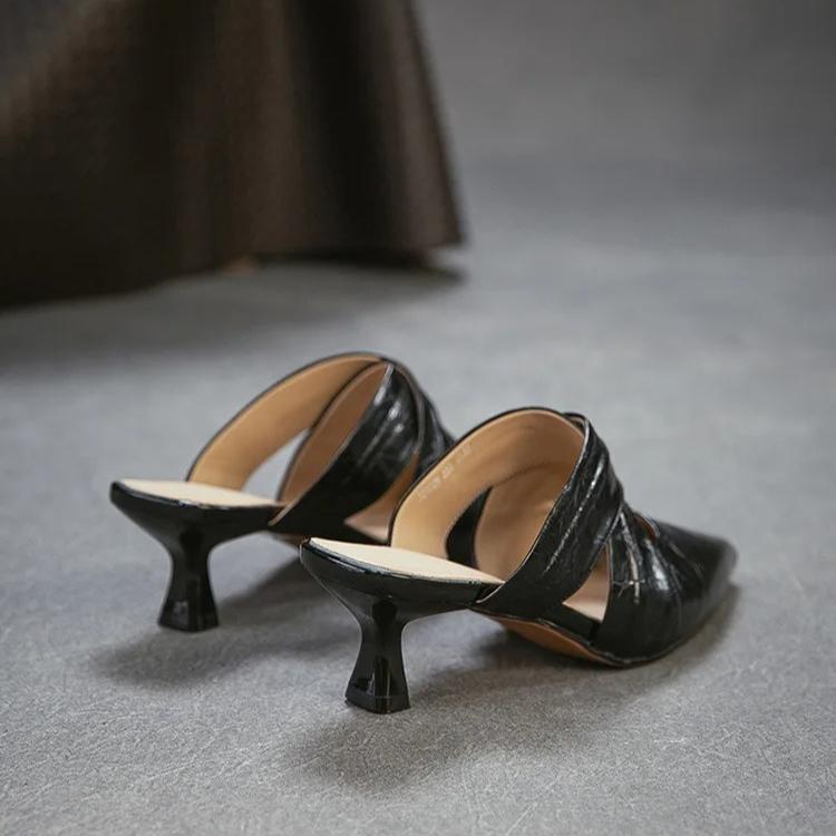 Johnature Temperament Spitse Neus Dunne Hak Slippers Echt Leer Modieus Veelzijdige Dames Slip-on Schoenen