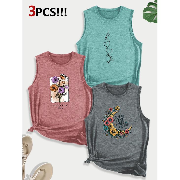Sunflower Moon Floral Combination Gift Print Pattern Round Neck3Pack of Sleeveless Vests for Women In Spring, Summer, and Autumn