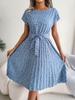 Fashion Floral Pleated A Line Long Dress Women Spring Summer Short Sleeve High Waist Chic Dress 2024 Casual Blue Bohemian Dress
