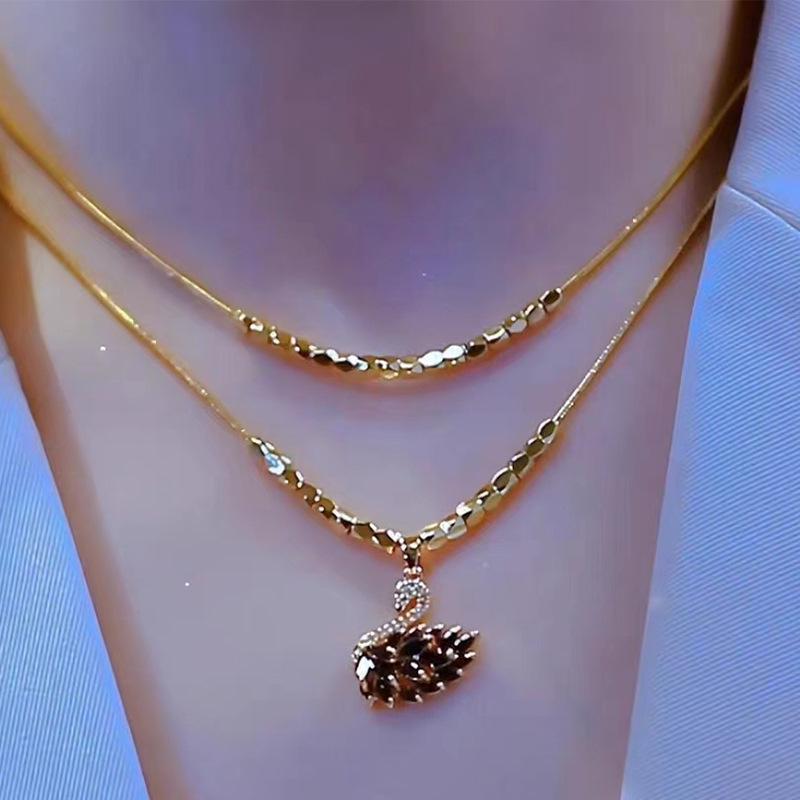 Black Swan Women's Necklace: 18K Gold-Plated Copper, Inlaid Cubic Zirconia, Titanium Steel Collarbone Chain - Stylish and Durable Douyin Hot Style