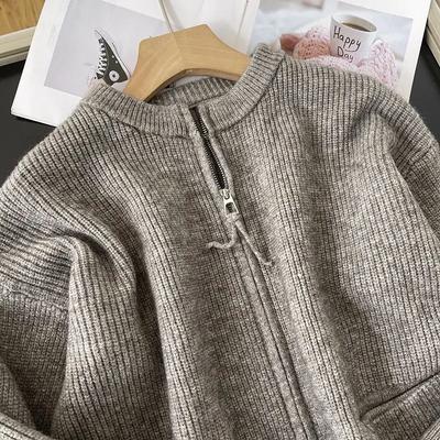 Cardigan cu fermoar dublu și gât rotund, top, jachetă tricotată moale, pulover pentru femei, nou de primăvară și toamnă, larg, cu buzunar