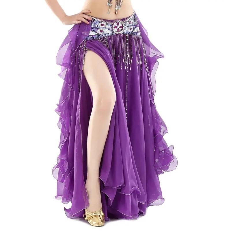 Belly Dancing Skirt Women Chiffon Spanish Skirt Shiny Sequins Tassels Dancing Skirt Show Costumes