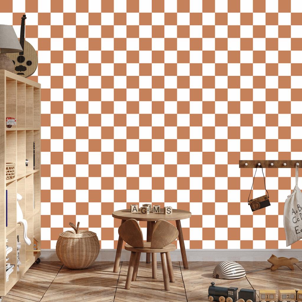 Checkerboard Wallpaper White, Orange and Cream for Living Room and Bedroom 50x1000