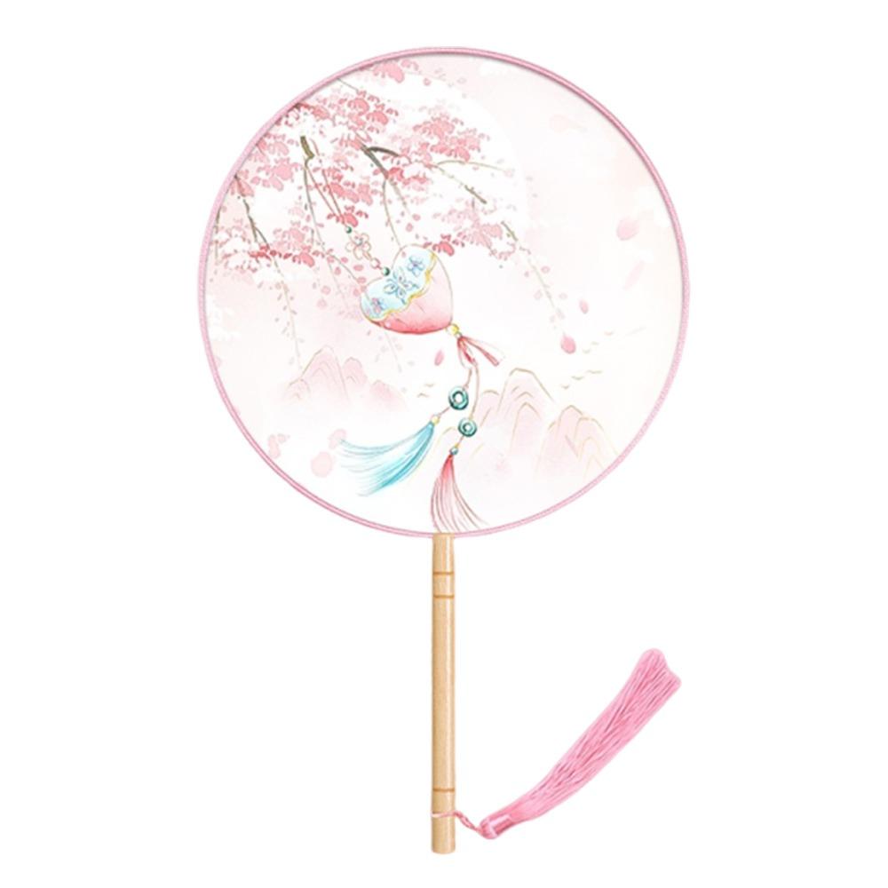 Half Transparent Round Hand Fan Long Handle Silk Fan Hanfu Embroidered Fan  Dance Performance