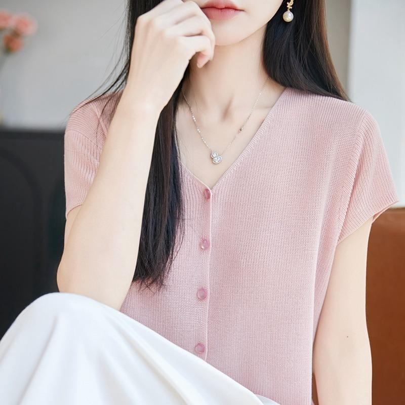 Summer new skin-friendly and cool Tencel V-neck short-sleeved cardigan femininity shoulder versatile loose breathable knitted T-shirt