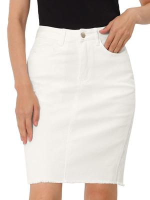 Allegra K Denim Skirt, Mini Skirt, Summer, High-Waisted, Tight, Elastic, Knee-Length, A-Line, Slimming, Elegant, Women's, White, Size M
