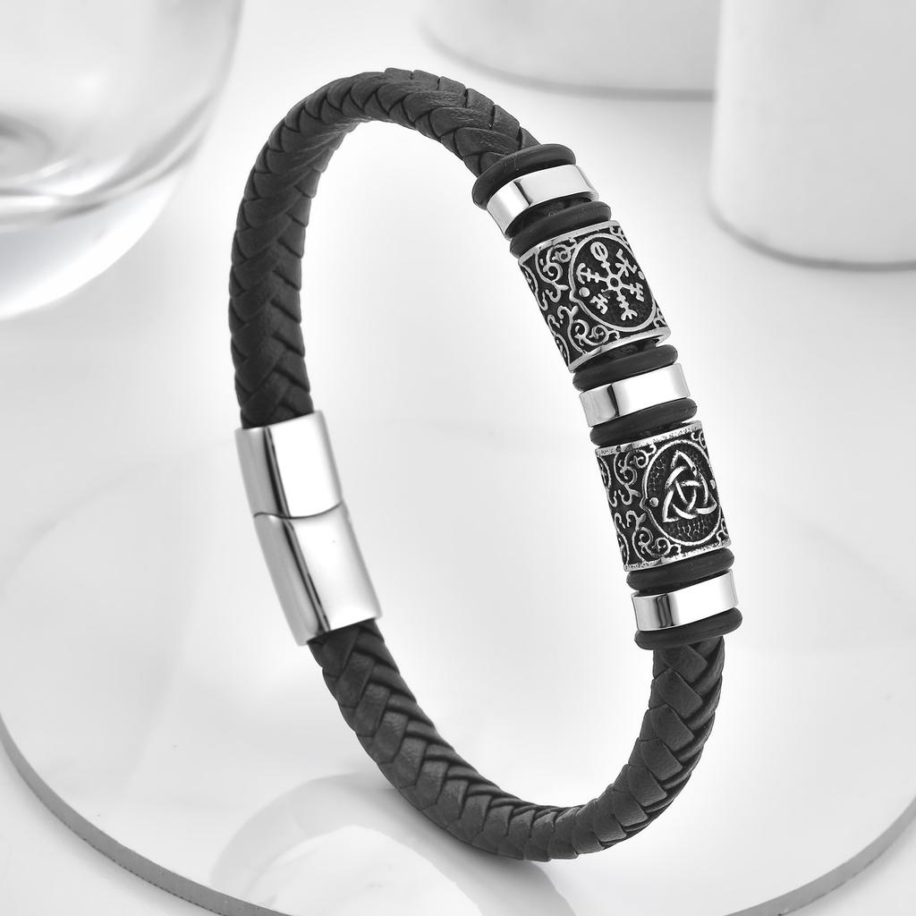 Black Leather Rope Cowhide Men's Double-layer Genuine Leather Woven Bracelet Handmade Multi-layer Leather Bracelet