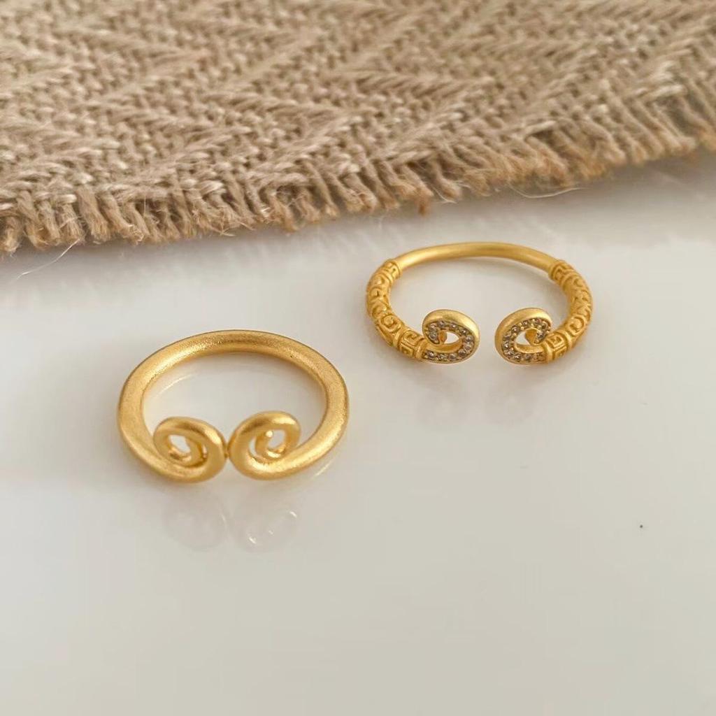 Ancient Sand-Inlaid Golden Cudgel Ring: Unique Open Design, Creative Chinese Trend, Versatile Statement Piece
