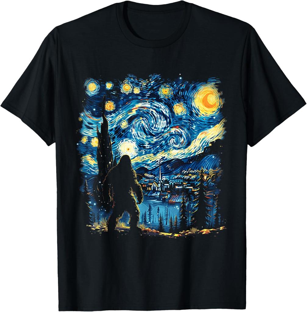 Funny Bigfoot Starry Night Sasquatch Van Gogh Sky Painting T-Shirt