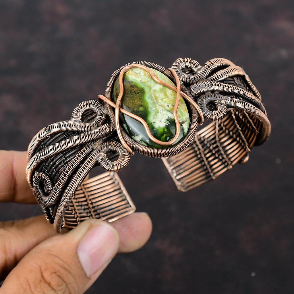 Australian Chrome Chalcedony Bangle Copper Wire Wrapped Cuff Bracelet Adjustable Bangle Gemstone Bangle Handmade Copper Jewelry Gift For Him