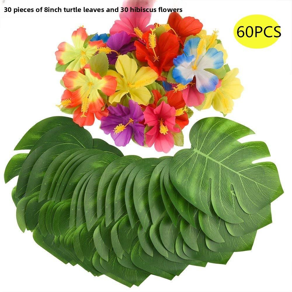 Hawaii-Thema Künstliche Schildkrötenpanzer-Blätter und Hibiskusblüten Dekorationsset für Festival- und Party-Dekorationen