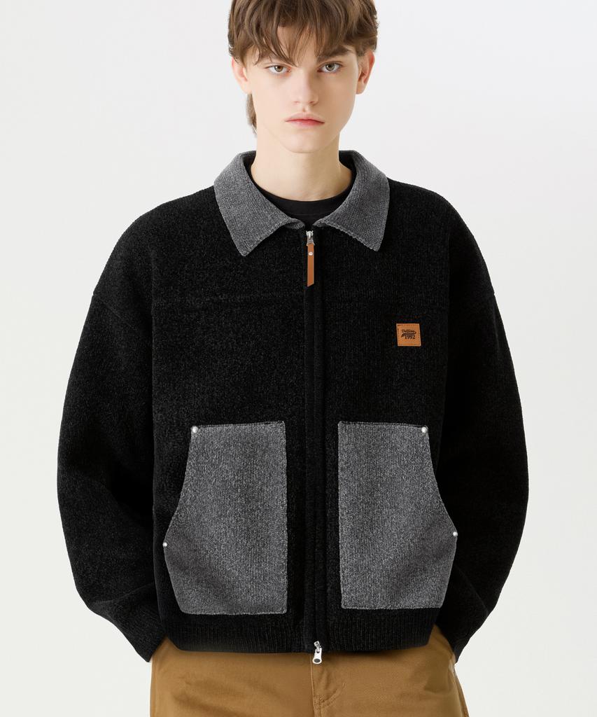 TRILLION Color Work Collar Zip-Up Knit Jacket [Black]