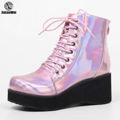 Novo estilo de sapatos unissex punk salto cunha 7 cm rosa couro holográfico fantasias de halloween botas góticas de tornozelo