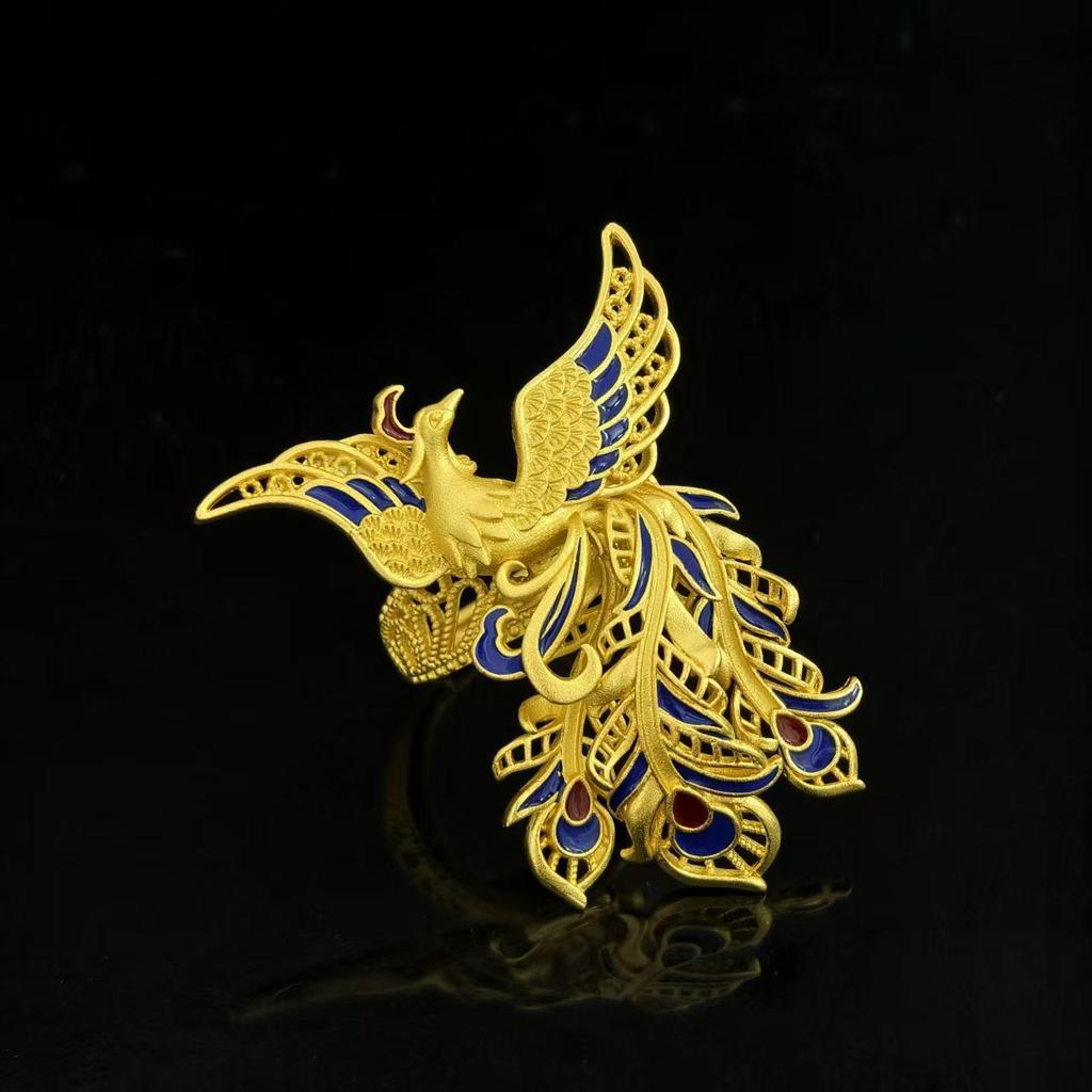 Ancient Chinese Phoenix Dance Enamel Ring: Women's Luxury Retro Palace Style Open Ring