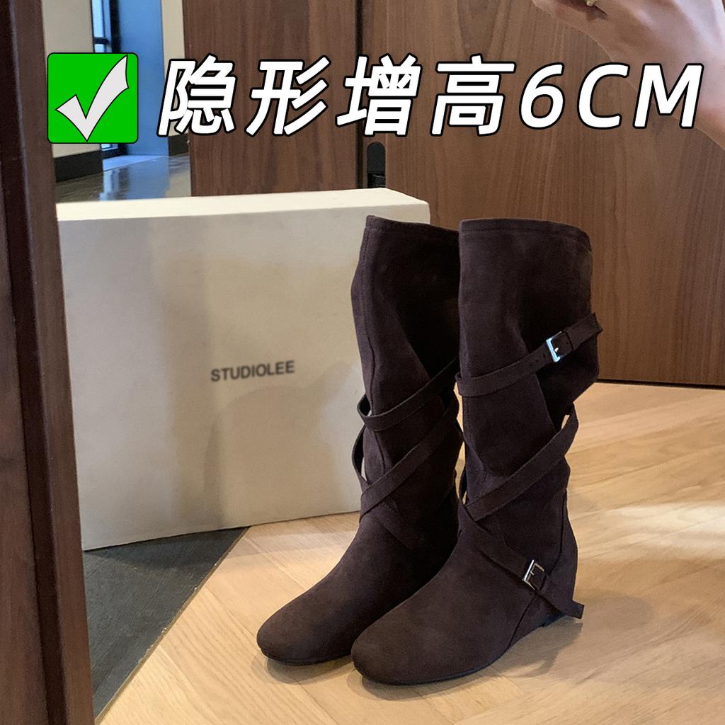 Inner height increase 6cm Korean round head buckle with soft pleated thin high boots