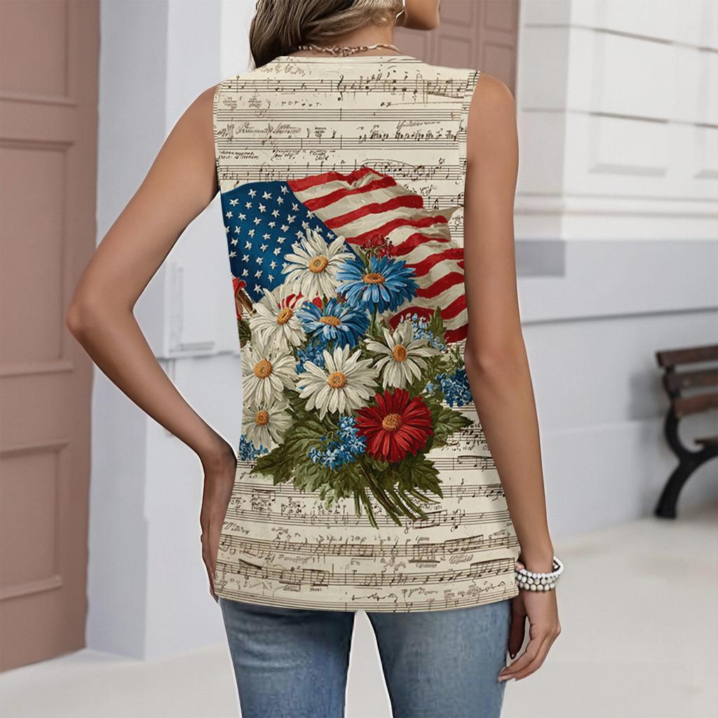Damenmode Lässig Amerikanische Unabhängigkeitstag Flagge und Sterne Aufdruck V-Ausschnitt Rüschen Ärmellos Weste T-Shirt Top