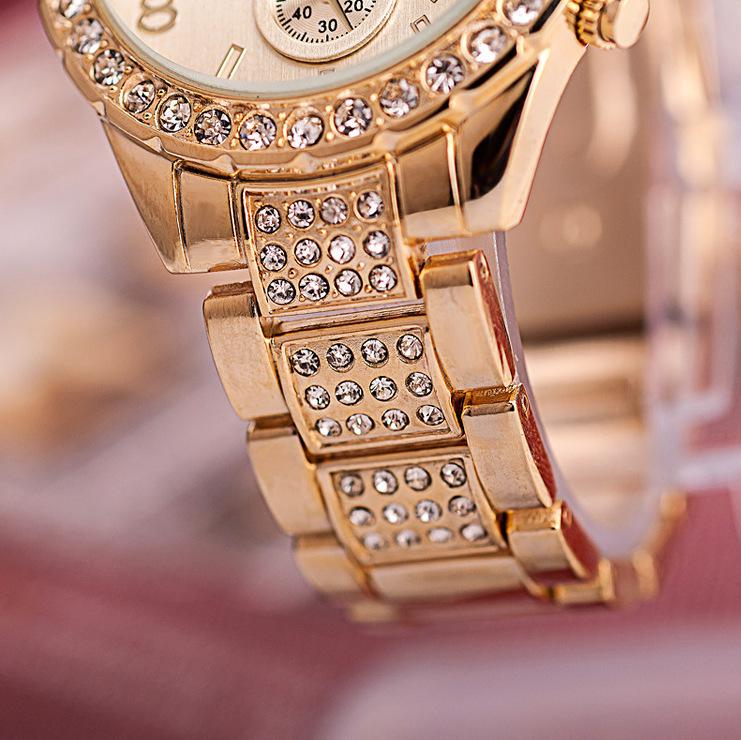 Geneva Diamond-Studded Steel Band Women's Fashion Watch - Elegant Three-Eye Design