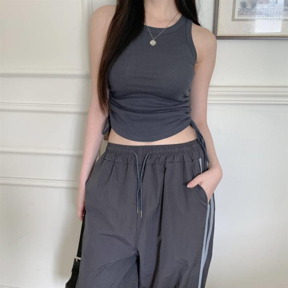 New Arrivals Open Run Side Shirring Ribbon Tie Ballet Core Mango Sleeveless Crop
