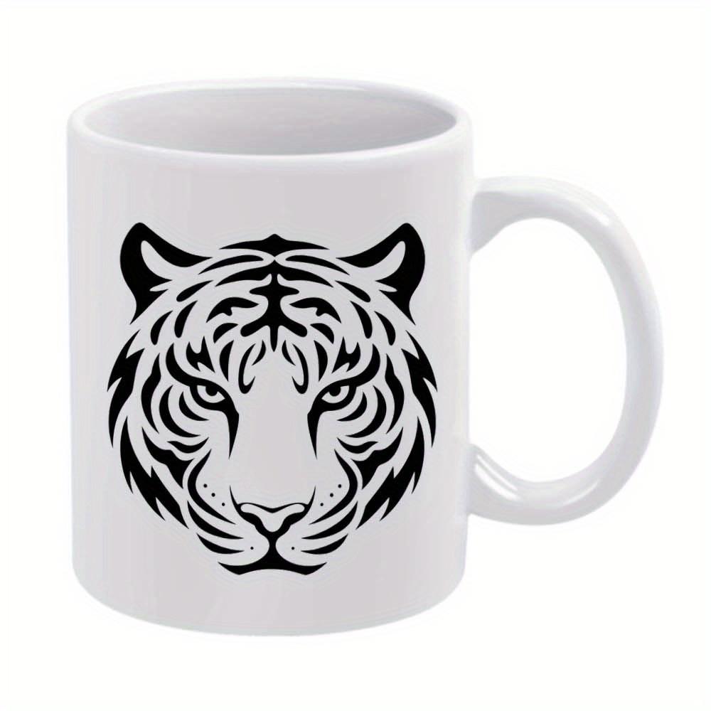 Tiger Face Mug White Ceramic Coffee Cup with Tribal Style Black and White Illustration for Home Office or Daily Use 320ml