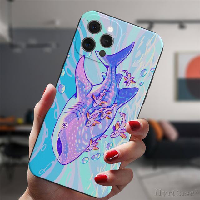 For Iphone 13 11 12 14 Pro Max X Xs Xr Mini 6s 7 8 Plus Xsmax Black Case Cosmic Whale Shark Animal Art Silicone Protective Cover