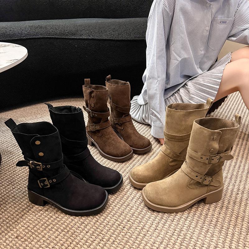 Ruodan Thick Heel Western Cowboy Boots Women's Autumn New Mid-heel Retro Square Head Thick-soled Piled Boots Two Wear Medium Boots