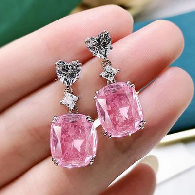 Huitan Sweet Female Luxury Pendant Earrings with Bright Pink CZ Fashion Gorgeous Jewelry for Wedding Party Bridal Accessories