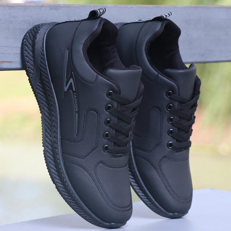 Men's Lightweight White Leather Waterproof Non-Slip Casual Work Sneakers for Autumn