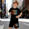Boys 2 Piece Extreme Sports Themed Print Outfit, Short Sleeve T-Shirt and Shorts Set for Kids Age 5-14,Black and White Sporty Casual Summer Clothes