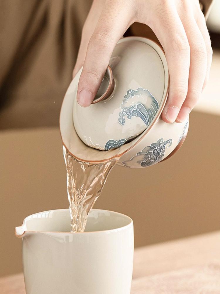 Pile Carved Wave Gaiwan Hand-painted Ceramic Tea Tureen Chinese Kung Fu Tea Brewing Bowl Teaware Master Cup Teacups Gift Box