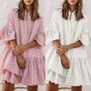 Summer Casual Loose Swing Dress for Women Babydoll Tiered Ruffle Sleeve Pleated Mini Mid-Length Dress Daily Life Beach Parties
