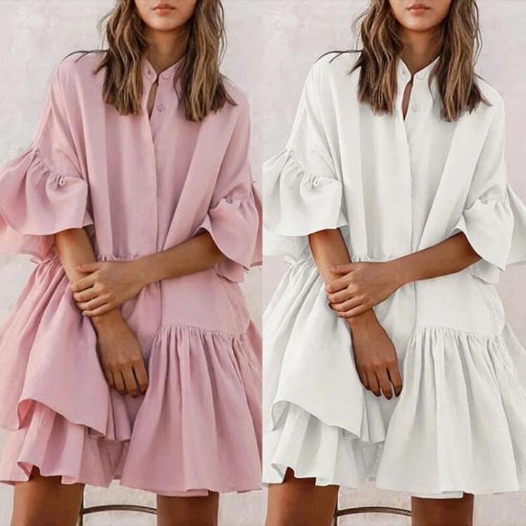 Summer Casual Loose Swing Dress for Women Babydoll Tiered Ruffle Sleeve Pleated Mini Mid-Length Dress Daily Life Beach Parties