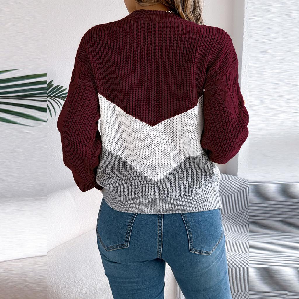 Casual Loose Patchwork Knitted Sweater Pullover for Winter Women's Tops O-Neck Full Lantern Sleeve Pullover Sweaters Woman