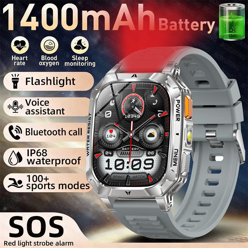 

Rugged Outdoor Smart Watch 1400mAh 2.01 HD Screen Bluetooth Call GPS IP68 Waterproof Flashlight SOS Fitness Watch for Men 1400 Large Battery сірий