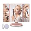 Three-Fold LED Makeup Mirror with Storage and Magnification.