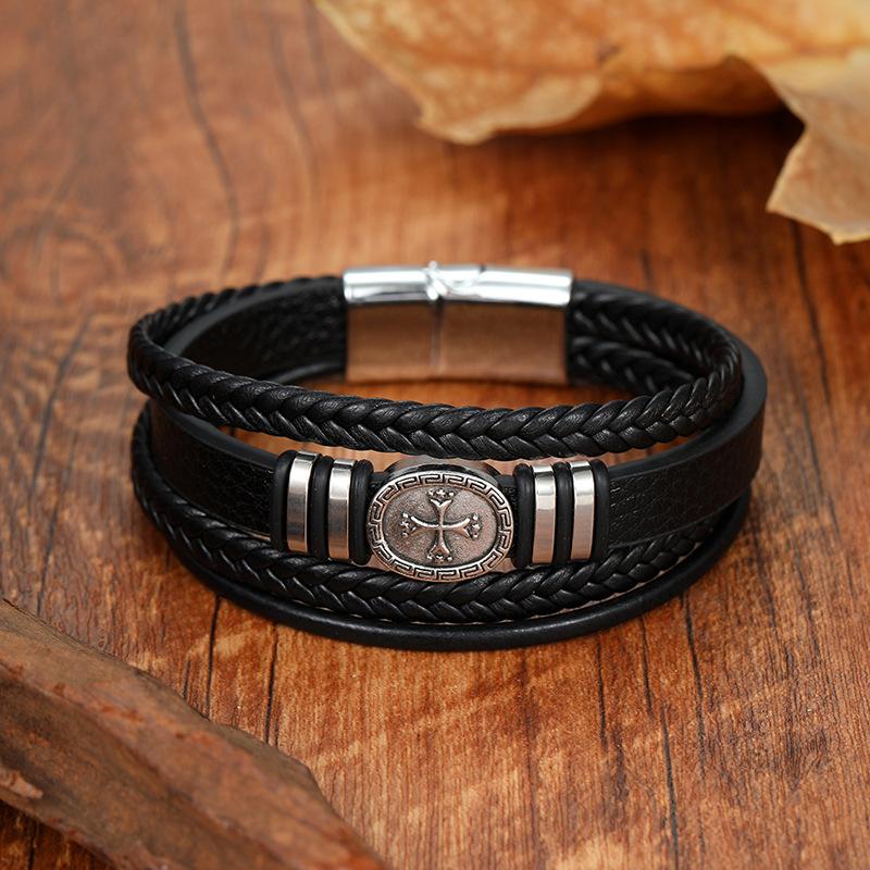 Multi Layer Braided Leather Bracelet For Men With Magnetic Cross Geometric Design And Magnetic Clasp Bangle