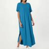 Women's Fashion Casual Loose Short Sleeve Round Tie Pocket Solid Color Maxi Dress