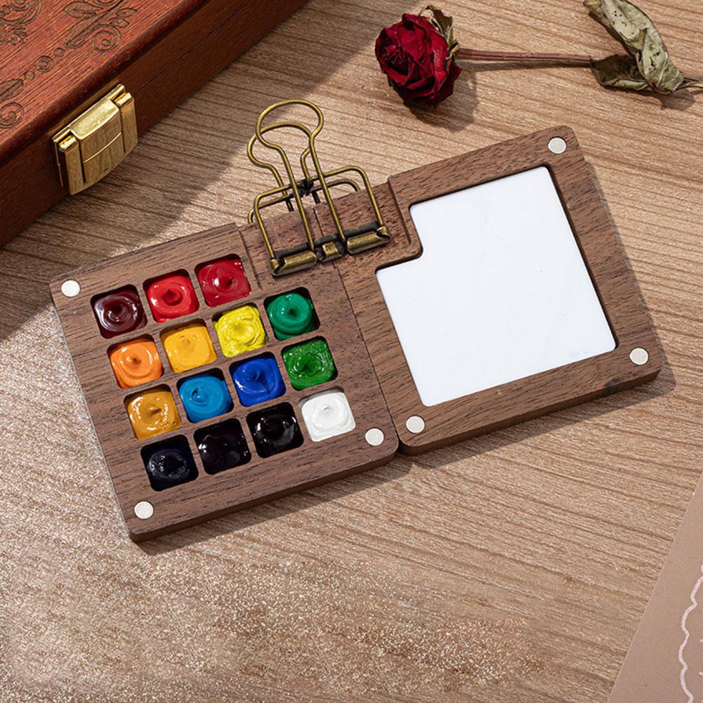 Travel Paint Palette Mini Watercolor Palette Set with Clip Portable Watercolor Set Wooden Grid Paint Box for Watercolor Painting