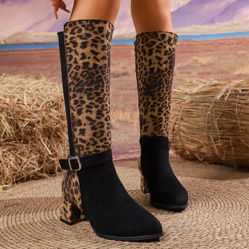 Plus Size 43 Leopard Print Women's Long Boots Mix Color Thick High Heels Boots Woman Autumn Winter Fashion Knee High Botas Mujer
