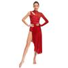 Womens Asymmetrical Lyrical Dance Dress Mock Neck Cutout Sheer Mesh Shiny Rhinestones Performance Costume