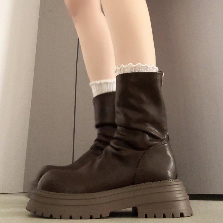 thick-soled thick-heeled stacked boots women's 2025 new autumn single boots short brown thin women's boots Maillard short boots