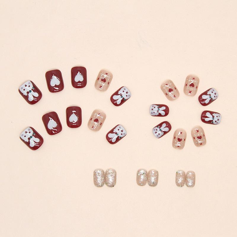 24 Pieces New Year's Atmosphere Shines Bright Red Love Rabbit Manicure Temperament White Fake Nails Wear Nail Pads