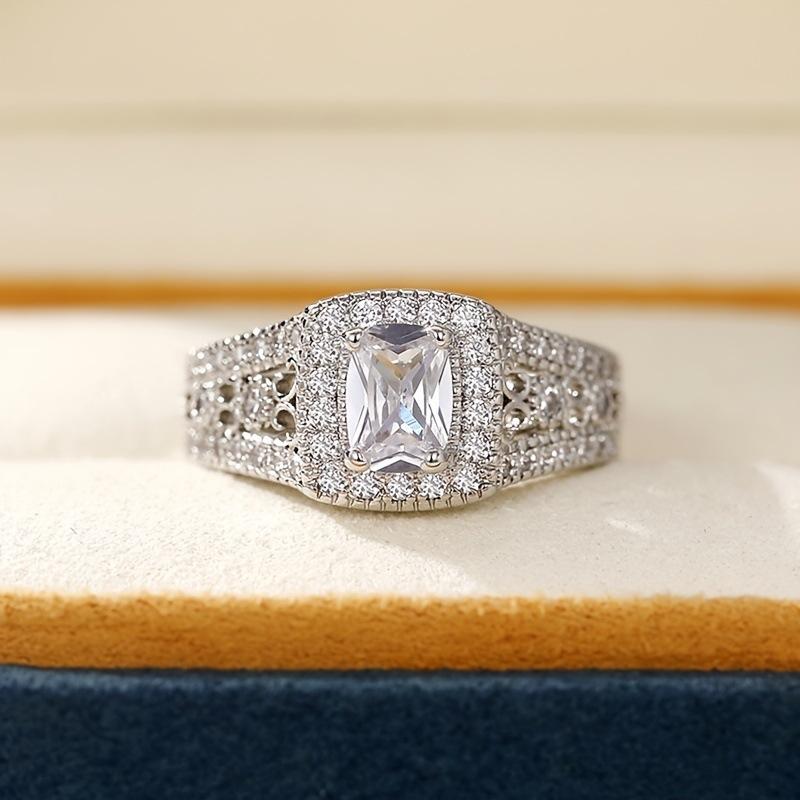 Wish fresh platinum four-claw square full diamond lace zircon ring, simple and creative personality no. 6