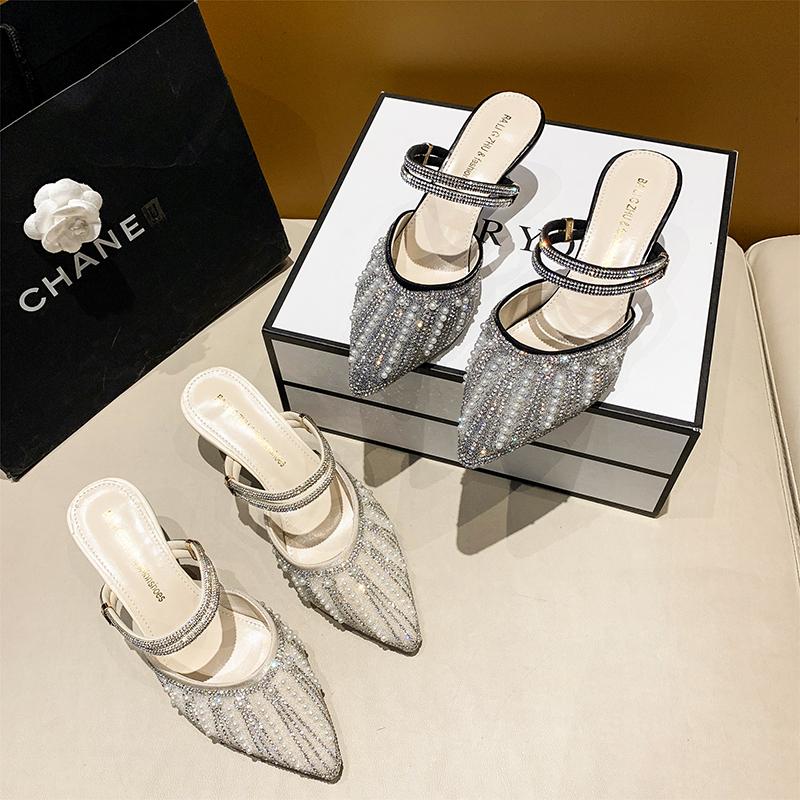 Fashion 2025 Sandals Female Pearl Rhinestone High Heels New Female Two Wear Fairy Wind French Temperament Baotou Fashion Slippers