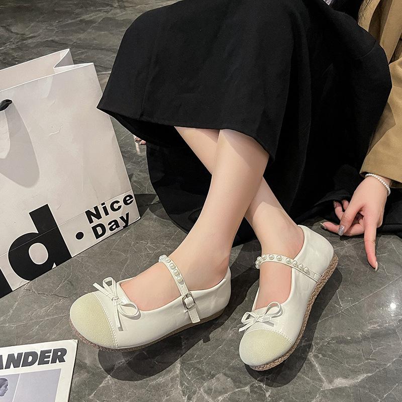 French Mary Jane Shoes Women's Autumn Design Pearl One-word Strap High Heels Ballet Baotou Sandals Light Mouth Single Shoes
