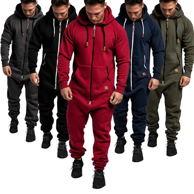 Herre Sport Varm Fleece Heldragt Fluffy Lounge Voksen Én Del Mandlig Jumpsuit Med Hætte Onesies Til Voksen Løb Lynlås Suit