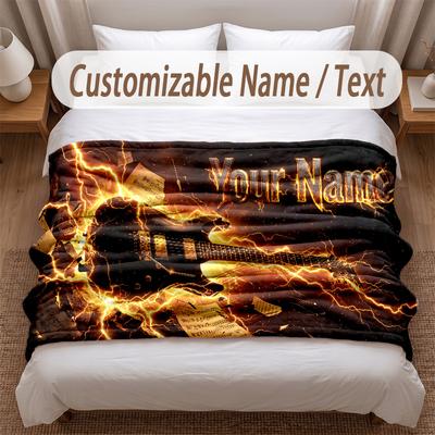 Pătură Moale cu Tematică Chitară Muzicală Personalizată cu Numele Text Imprimat Pătură Călduroasă Decor pentru Casă Canapea Dormitor