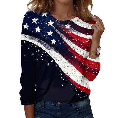 Women's Casual Long Sleeve Crew Neck Shirt American Flag Print Lightweight Comfortable Fit Stylish Top for Everyday Wear