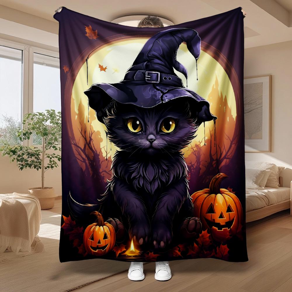 Halloween Black Cat with Witch Hat, Gift for Cat Lovers, Blanket, Pumpkin And Moon Design, Home Decor And Couch Use, Soft Cozy Multi-Purpose