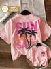 2026 Tropical-themed Adults Kids T-shirt with Palm Tree Print Featuring "sunshine, Salt, and Beach" Cotton Summer Casual Shirt.