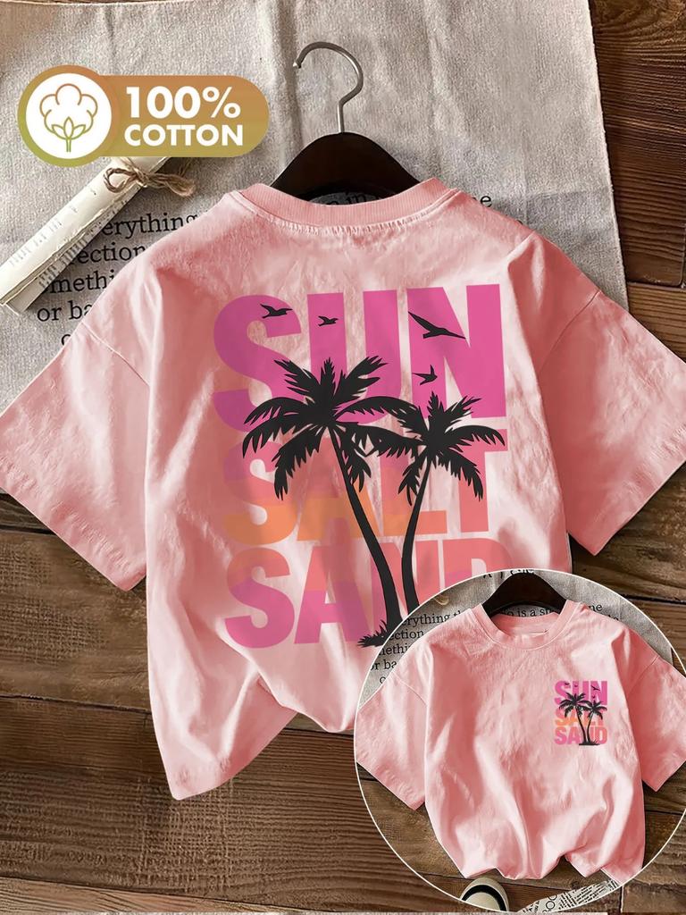 2026 Tropical-themed Adults Kids T-shirt with Palm Tree Print Featuring "sunshine, Salt, and Beach" Cotton Summer Casual Shirt.